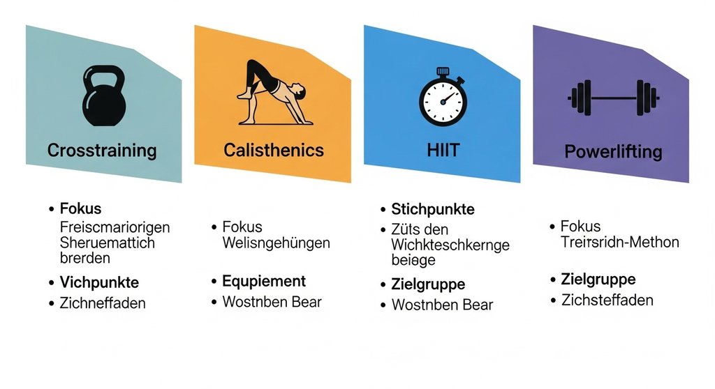 Infografik zum Vergleich von Crosstraining, Calisthenics, HIIT und Powerlifting.