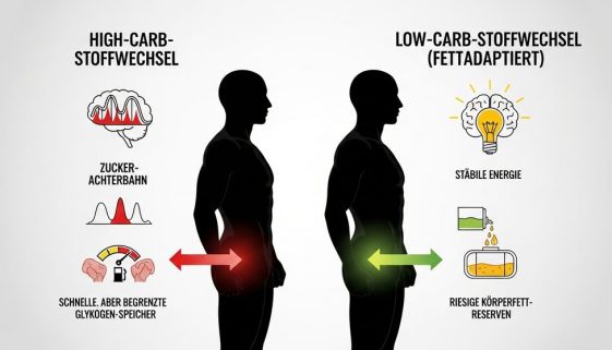 Infografik zum Vergleich von High-Carb- und Low-Carb-Stoffwechsel beim Sport.