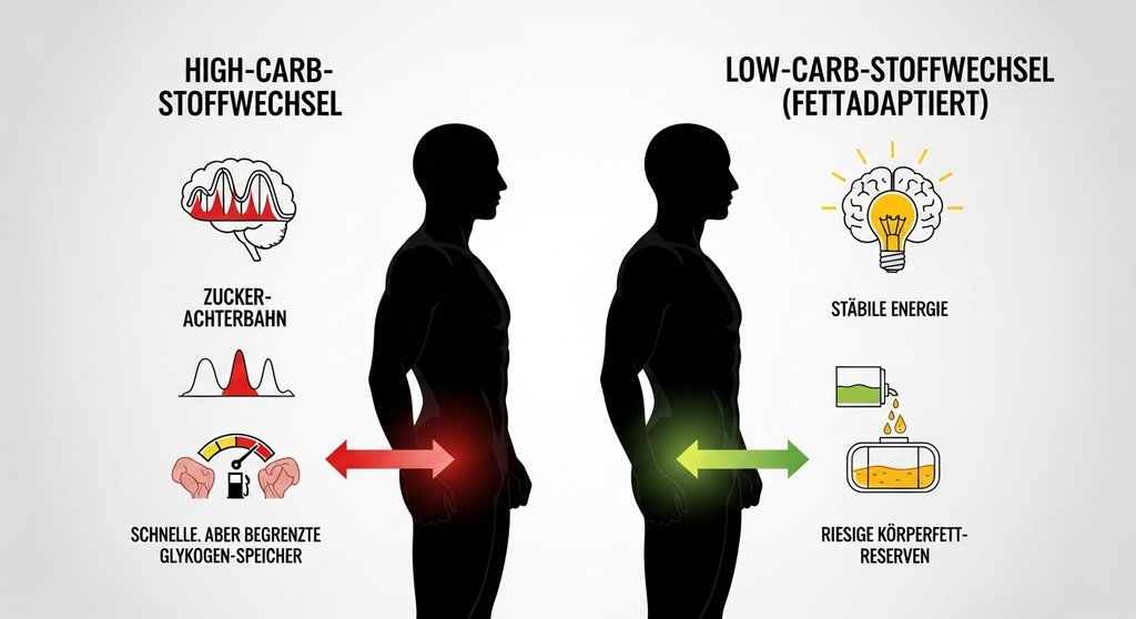 Infografik zum Vergleich von High-Carb- und Low-Carb-Stoffwechsel beim Sport.