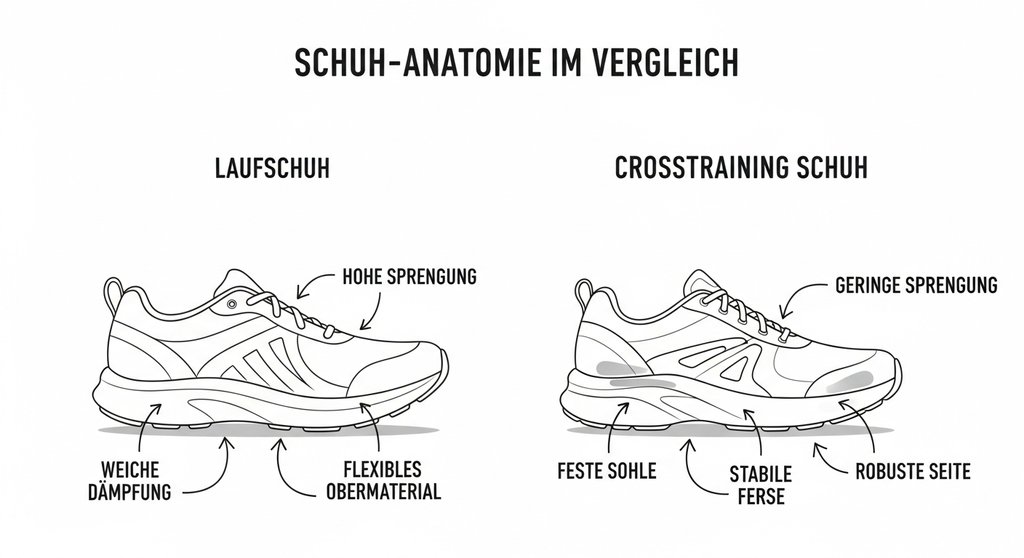 Infografik vergleicht die Stabilität von flachen Crosstraining Schuhen mit der Dämpfung von Laufschuhen.