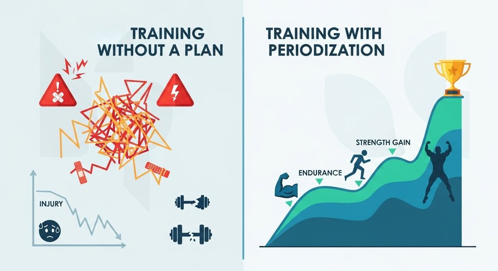 Infografik zum Vergleich von Training mit und ohne Crosstraining Periodisierung.
