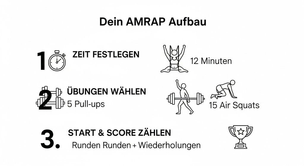 Infografik zur einfachen Erstellung eines AMRAP Workouts in drei Schritten.