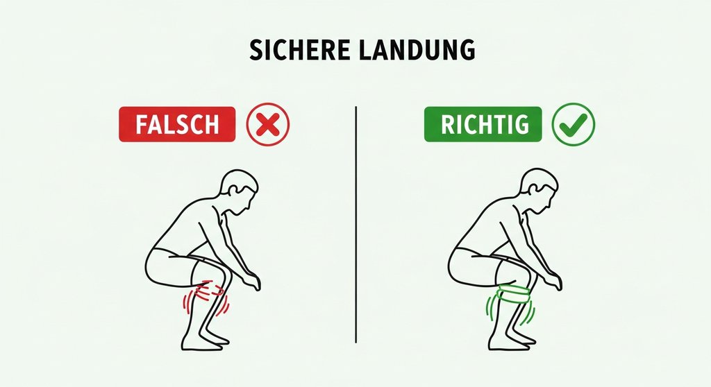 Infografik zur korrekten und falschen Landetechnik bei Sprungübungen zur Verletzungsprävention.