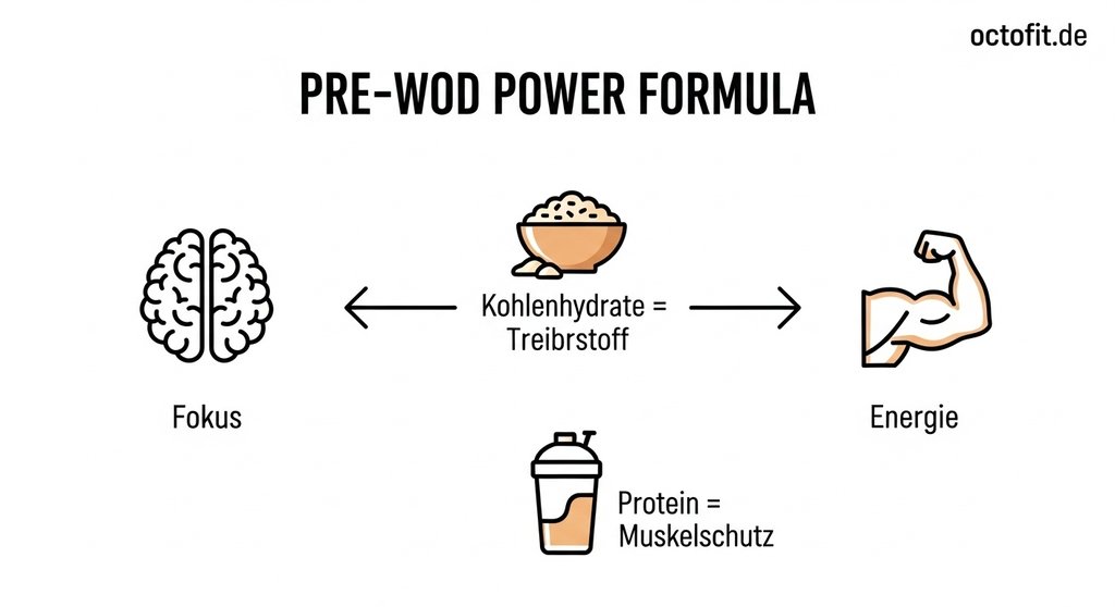Infografik zur Pre-WOD-Ernährung mit Kohlenhydraten und Proteinen.
