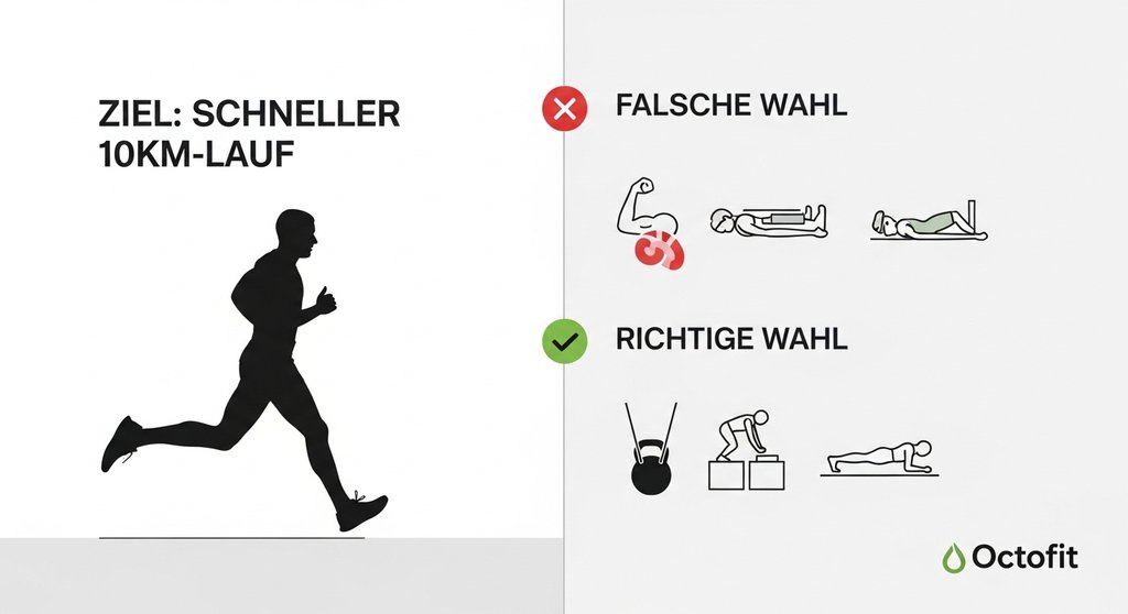 Infografik zur richtigen und falschen Übungswahl im Cross-Training für Läufer.