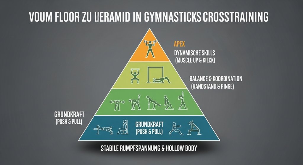 Infografik zur Skill-Pyramide im Gymnastics Crosstraining von Rumpfspannung bis Muscle-up.