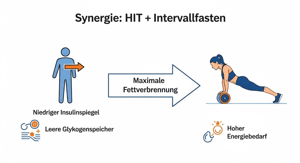 Infografik zur Synergie von HIIT und Intervallfasten, die die maximale Fettverbrennung erklärt.