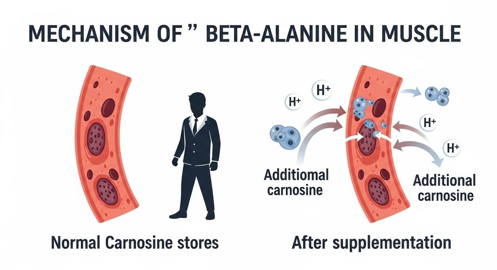 Infografik zur Wirkung von Beta-Alanin auf die Karnosin-Speicher und die Pufferung von Milchsäure im Muskel.