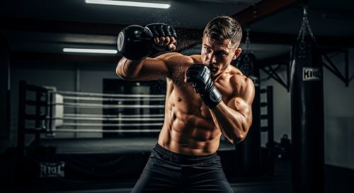 Kampfsportler führt einen intensiven Kettlebell Swing in einem Crosstraining-Gym aus. Kampfsportler führt einen intensiven Kettlebell Swing in einem Crosstraining-Gym aus.