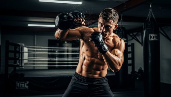 Kampfsportler führt einen intensiven Kettlebell Swing in einem Crosstraining-Gym aus.