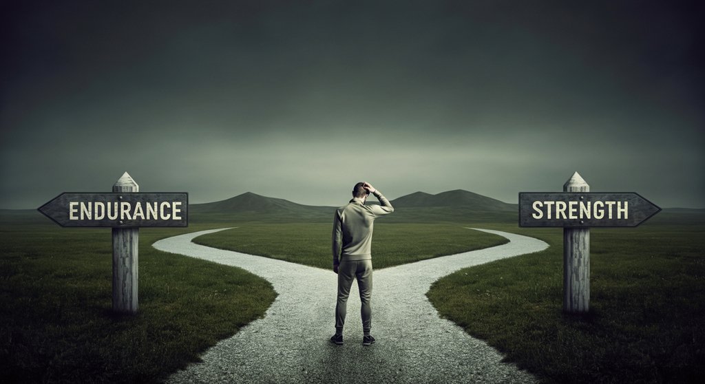 Konfligierende Trainingsreize im Crosstraining symbolisiert durch einen Athleten am Scheideweg.