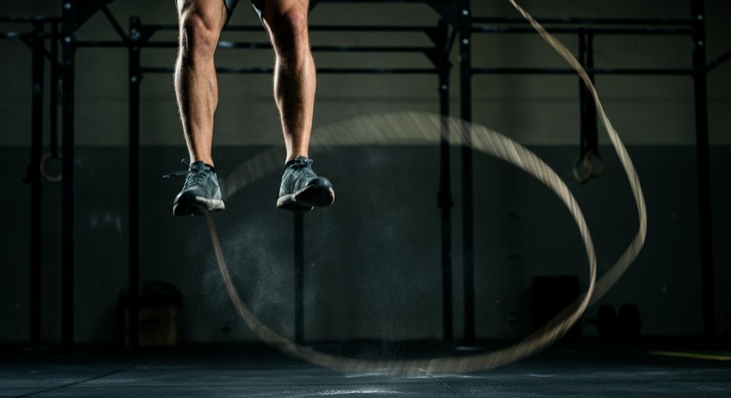 Konzentrierter Athlet beim Double Unders lernen in einer CrossFit Box.