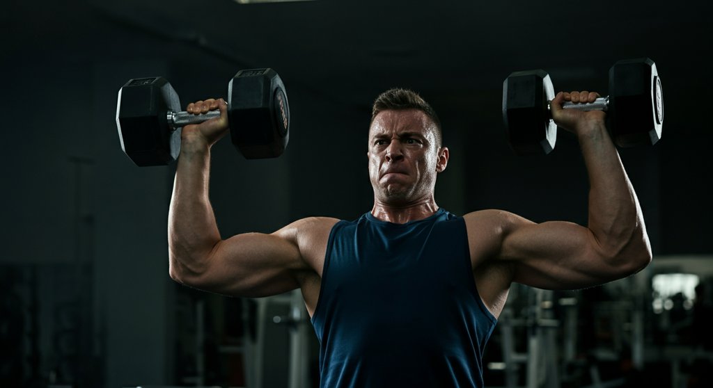 Konzentrierter Athlet beim Schulterdrücken mit Kurzhanteln als Teil eines 5er Split Trainingsplans.
