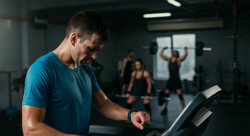 Läufer auf Laufband frustriert über Stagnation durch fehlende Spezialisierung im Training - ein Nachteil von Crosstraining.