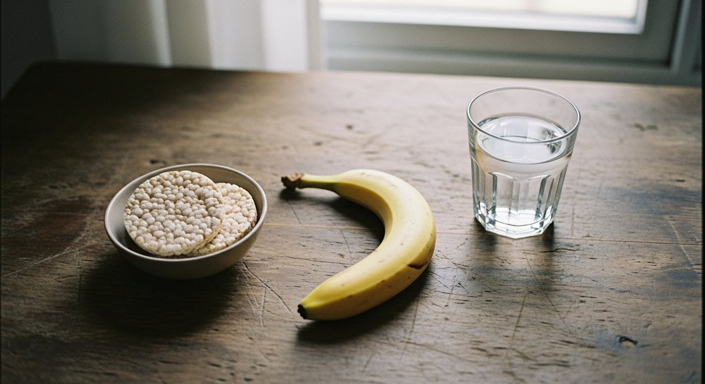 Leicht verdauliche Pre-Workout-Snacks wie Banane und Reiswaffeln vor dem HIIT Training.