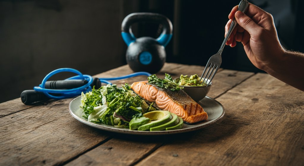 Low-Carb-Mahlzeit mit Lachs und Avocado als Teil der Ernährung für CrossTraining