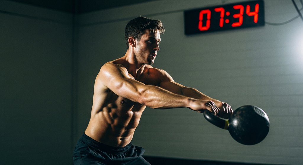 Mann bei einem intensiven AMRAP-Workout mit Kettlebell und einer Zeitanzeige im Hintergrund.