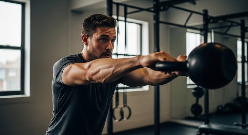Mann bei einem intensiven HIIT-Workout mit einer Kettlebell als Teil seiner Keto-Strategie für den Fettabbau.
