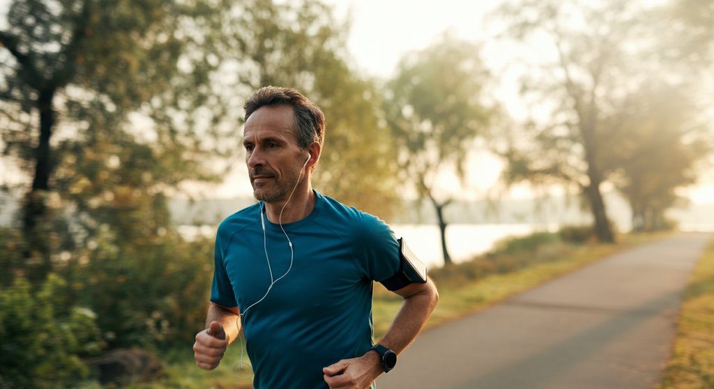 Mann beim entspannten LISS-Cardio-Lauf am See zur Förderung der Ausdauer und Fettverbrennung.