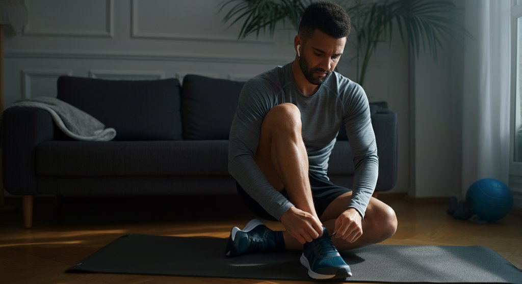Mann bereitet sich in seinem Wohnzimmer auf sein erstes HIIT-Workout vor.