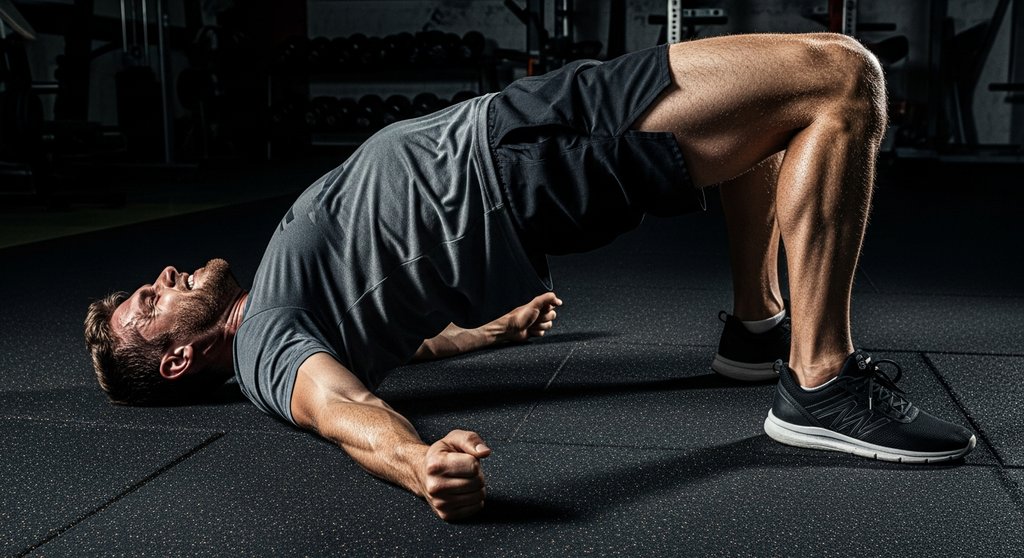 Mann führt die Glute Bridge (Beckenheben) als effektive HIIT Rückenübung aus.