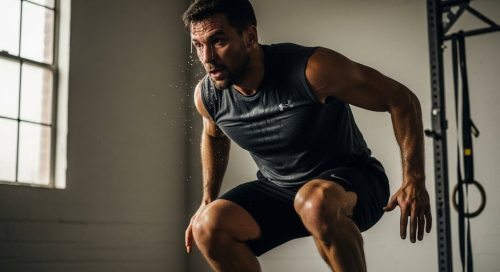 Mann führt ein intensives HIIT-Workout für maximale Fettverbrennung und Fitness durch. Mann führt ein intensives HIIT-Workout für maximale Fettverbrennung und Fitness durch.