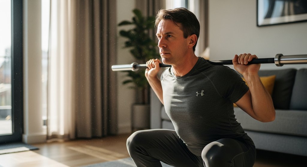 Mann führt eine intensive Kniebeuge als Teil seines Low Impact HIIT Workouts zu Hause durch.