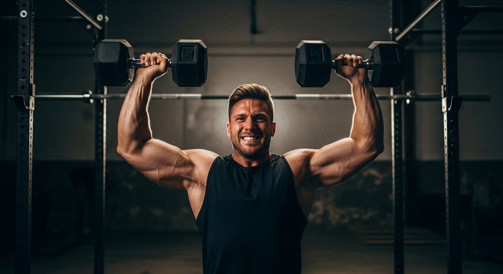 Athlet beim Crosstraining mit Kurzhanteln führt einen anstrengenden Devil's Press aus.