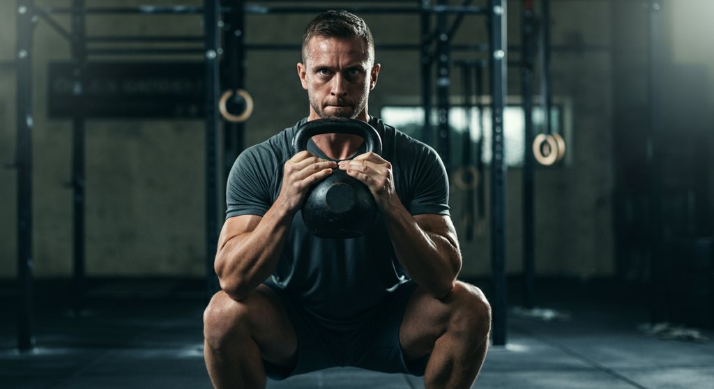 Mann führt einen Goblet Squat mit korrekter Haltung für ein HIIT mit Kettlebell aus