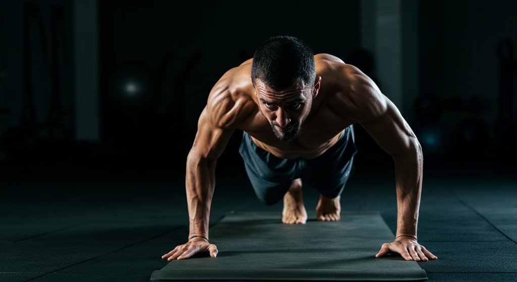 Mann konzentriert sich auf seine Rumpfmuskulatur bei einer Low Impact HIIT Übung zur Stärkung des Core.