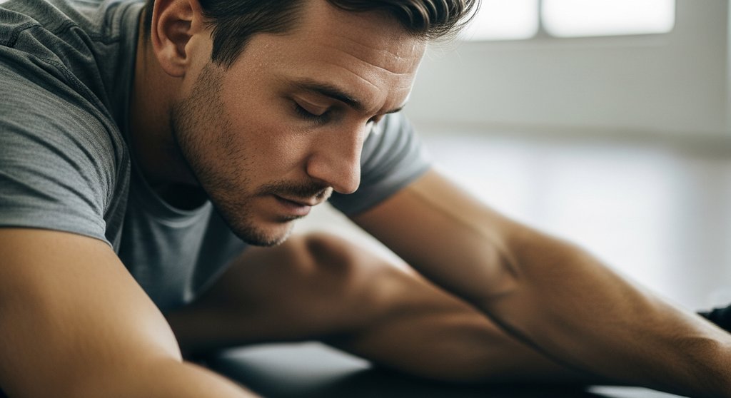Mann konzentriert sich während einer Dehnübung beim Cool Down nach dem HIIT.
