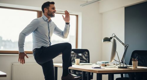 Mann macht ein energetisches HIIT Workout im Büro, um fit am Schreibtisch zu bleiben.