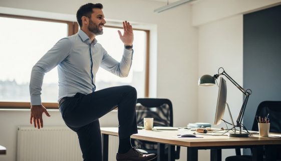 Mann macht ein energetisches HIIT Workout im Büro, um fit am Schreibtisch zu bleiben.