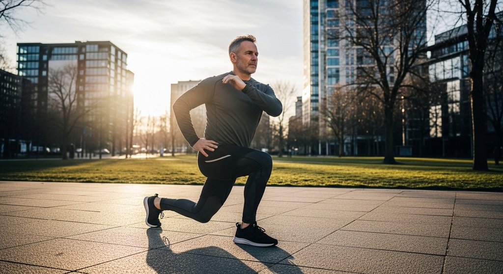 Mann macht einen Ausfallschritt mit Rumpfdrehung als Teil seines dynamischen Warm-ups für HIIT.