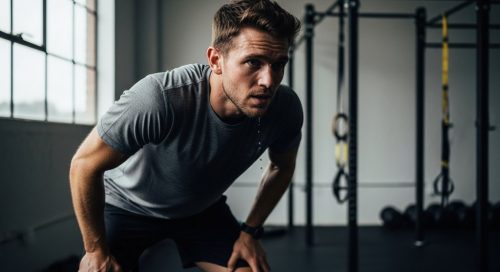 Mann macht nach einem intensiven HIIT Protokoll eine kurze Pause im Training.