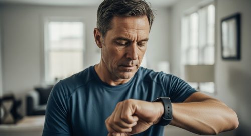 Mann mit Diabetes kontrolliert seine Werte auf der Smartwatch während einer HIIT-Trainingspause.