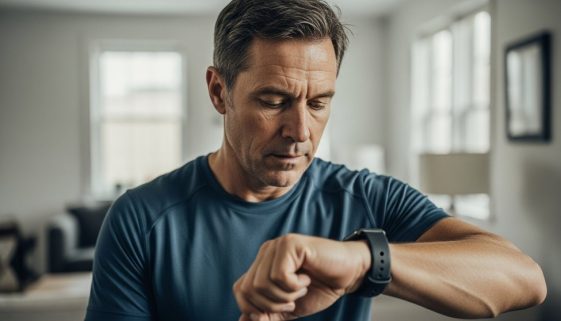 Mann mit Diabetes kontrolliert seine Werte auf der Smartwatch während einer HIIT-Trainingspause.