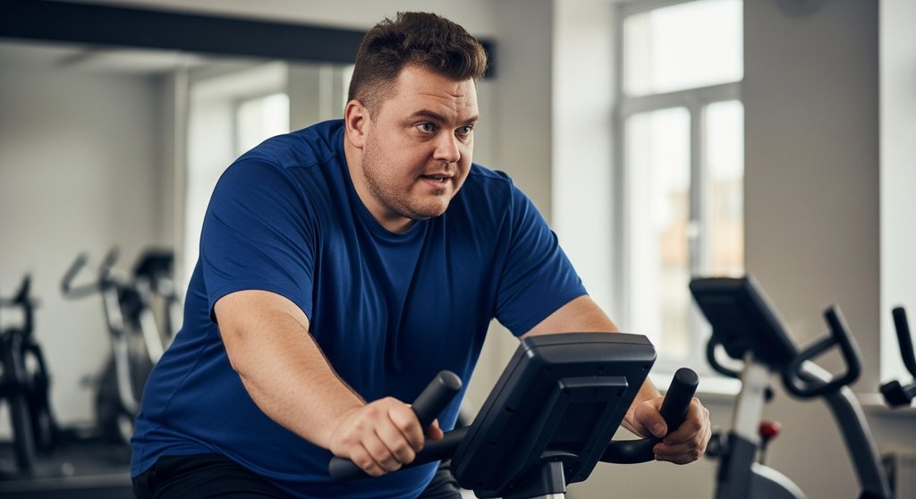 Mann mit Übergewicht absolviert ein intensives HIIT-Workout auf dem Fahrradergometer.
