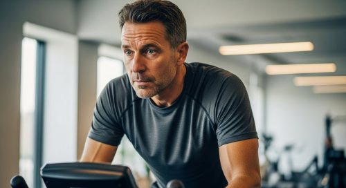 Mann mittleren Alters macht HIIT bei Bluthochdruck auf einem Fahrradergometer. Mann mittleren Alters macht HIIT bei Bluthochdruck auf einem Fahrradergometer.