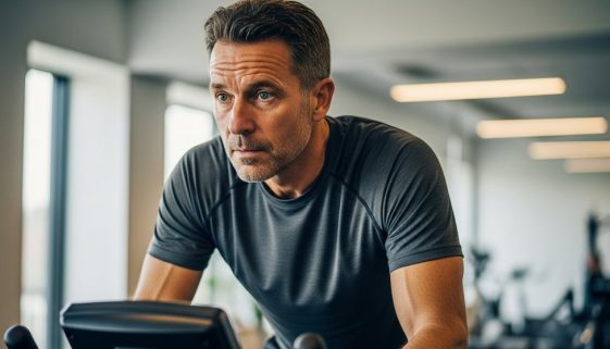 Mann mittleren Alters macht HIIT bei Bluthochdruck auf einem Fahrradergometer.