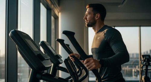 Mann nach einem effektiven Crosstrainer-Training für mehr Ausdauer blickt nachdenklich aus dem Fenster. Mann nach einem effektiven Crosstrainer-Training für mehr Ausdauer blickt nachdenklich aus dem Fenster.