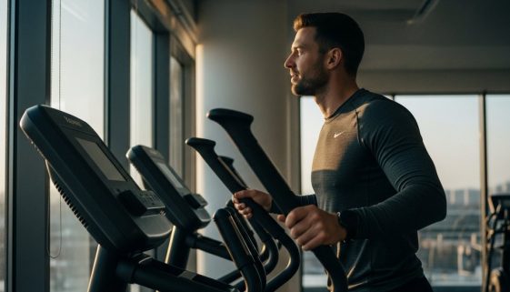 Mann nach einem effektiven Crosstrainer-Training für mehr Ausdauer blickt nachdenklich aus dem Fenster.