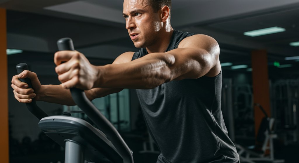 Mann trainiert mit aktiver Armarbeit auf dem Crosstrainer, um Fehler zu vermeiden.