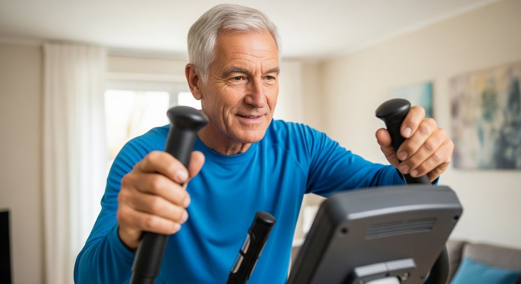 Mann über 70 stellt den Widerstand an seinem Crosstrainer für ein sicheres Training ein.