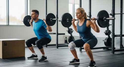 Mann und Frau absolvieren sicheres Crosstraining mit Fokus auf knieschonende Übungen. Mann und Frau absolvieren sicheres Crosstraining mit Fokus auf knieschonende Übungen.