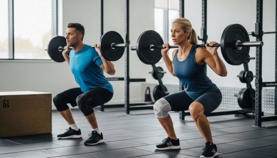 Mann und Frau absolvieren sicheres Crosstraining mit Fokus auf knieschonende Übungen.