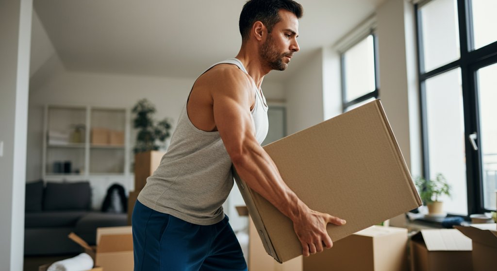 Mann zeigt funktionale Kraft durch Bodyweight Crosstraining beim Heben einer Kiste.