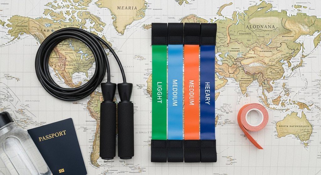 Minimalistisches Crosstraining Equipment für die Reise: Springseil und Bänder.