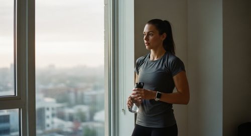 Nachdenkliche Person vor dem HIIT-Workout auf nüchternen Magen am Morgen.