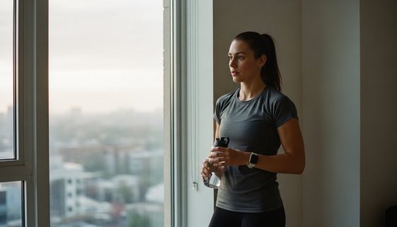 Nachdenkliche Person vor dem HIIT-Workout auf nüchternen Magen am Morgen.